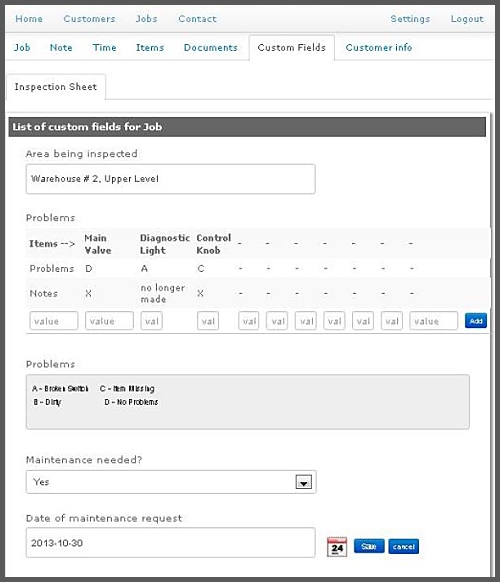 Filling in a custom field sheet for a job